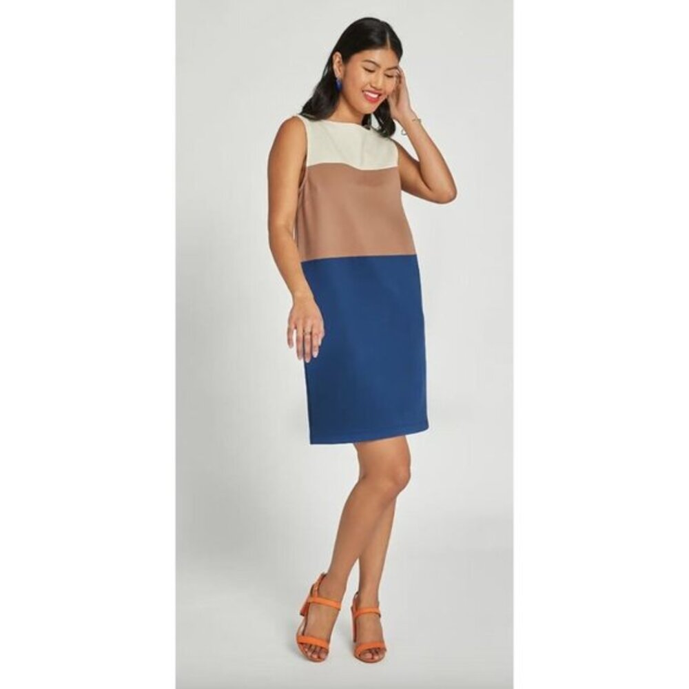 Betabrand Colorblock Shift Dress XL Navy Blue/Cream/Tan (Starry Night)